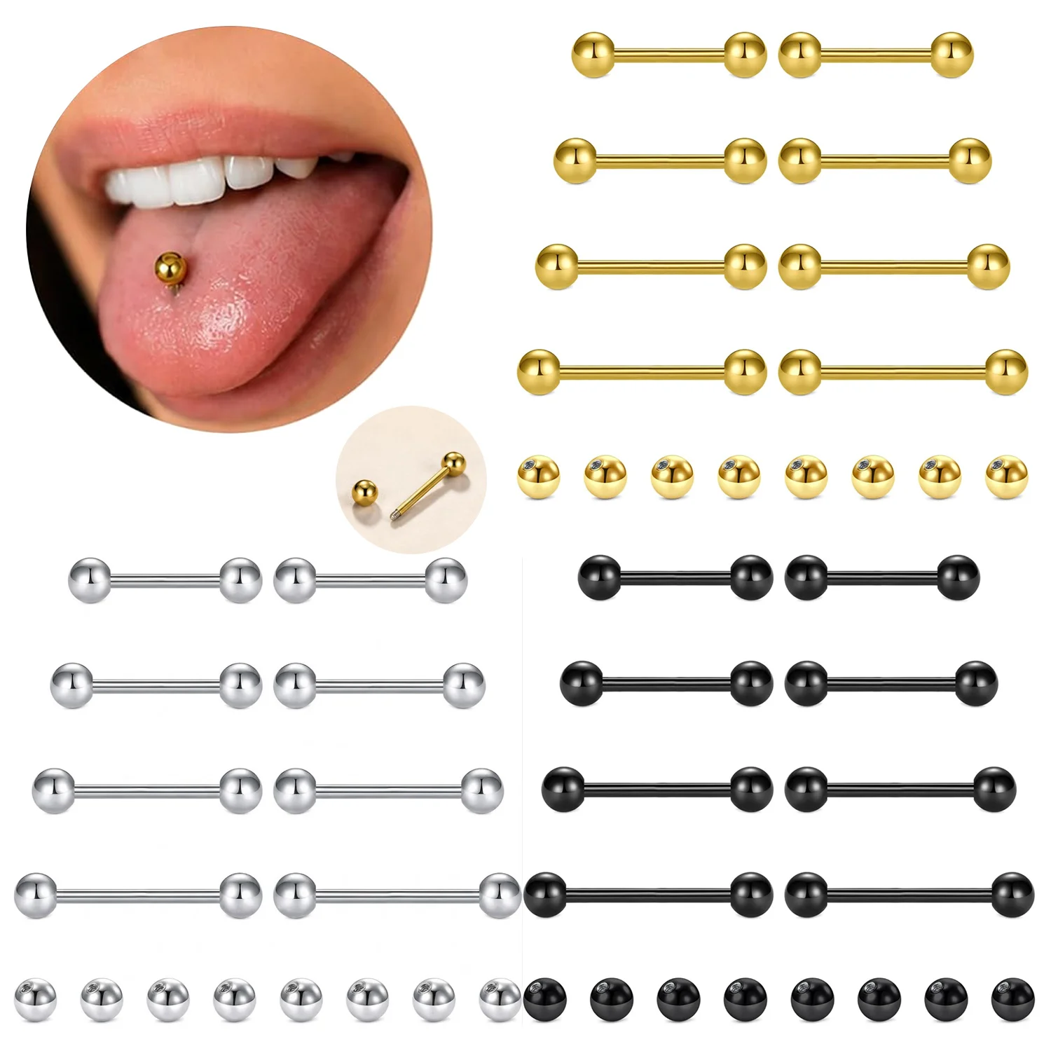Tongue Barbell Straight - 16pcs 14G Straight Barbell And Replacement