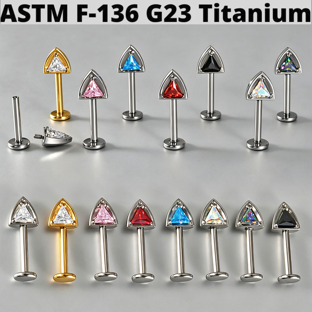 Body Jewelry Vertical Labret - G23 Titanium Internally Thread Triangle CZ